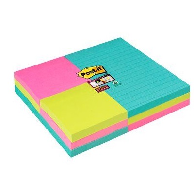 "Post-it® Super Sticky Notes 4633-SS9MIA-EU 9 Blöcke á 90 Blatt, türkis, neongrün, -pink, 6 Blöcke76 x 76 mm, unliniert & 3 Blöcke 101 x 152 mm, liniert, PEFC zertifiziert"