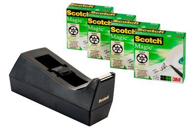Scotch® C38 Klebeband-Abroller schwarz + Scotch® Magic™ Unsichtbares Klebeband, 4 Rollen, 19 mm x 33 m