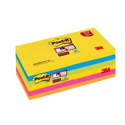 Post-it® Super Sticky Notes Promotion 654SR9+3, 12 Blöcke à 90 Blatt zum Vorteilspreis, Rio de Janeiro Collection: ultragelb, -blau, -pink, neongrün, -orange, 76 x 76 mm, PEFC zertifiziert
