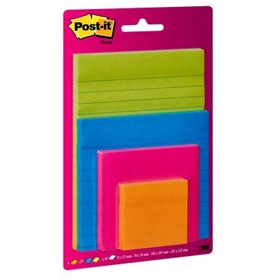 3M Post-it® Super Sticky Notes, farbig, verschiedene Größen, 2x liniert, 2x blanko, 4 Blöcke á 45 Blatt, 100% PEFC SGSCH-PEFC-COC-110078