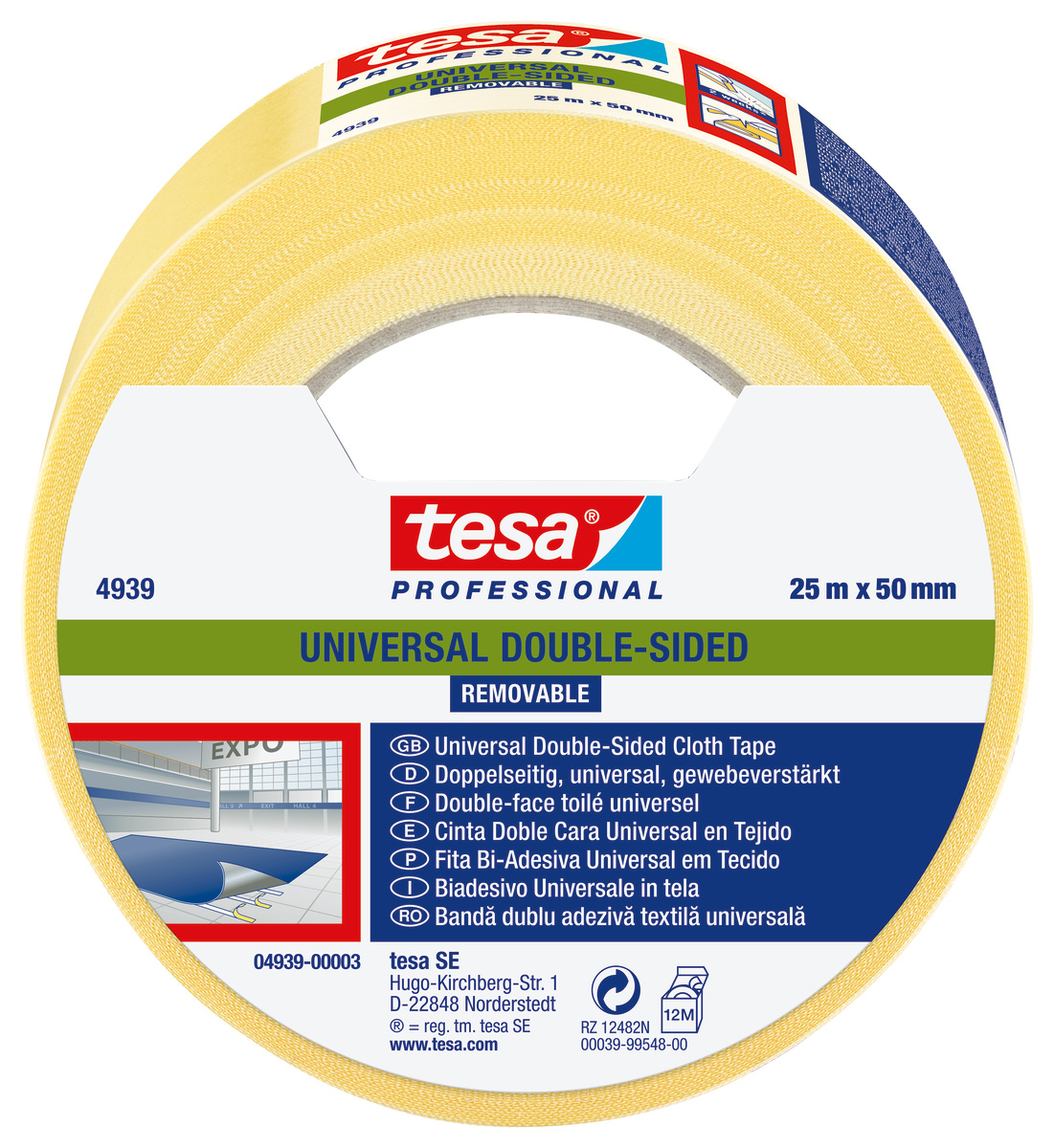 tesa Verlegeband Univ. ablösbar 4939, 25m x 50mm, weiß-transluzent