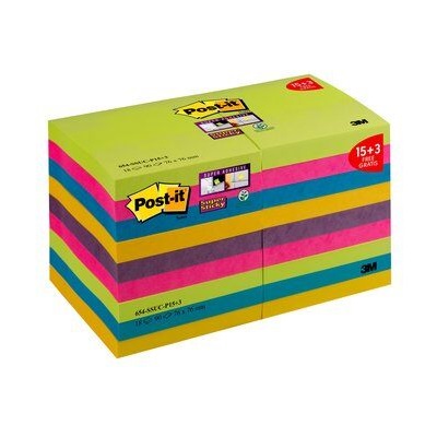 "Post-it® Super Sticky Notes Promotion 654-SSUC-P15+3 18 Blöcke á 90 Blatt zum Vorteilspreis, Rainbow Collection (neongrün, ultrapink, -blau, -gelb, pflaumenlila), 76 x 76 mm, PEFC zertifiziert"