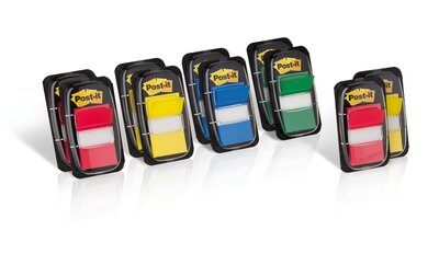Post-it® Index  Haftstreifen, 25,4 x 43,2 mm, blau, gelb, grün, rot, Abmessung 25,4 mm x 43,2 mm - 12 x 50 Haftstreifen im Spender