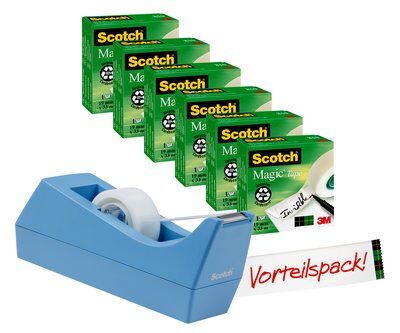 Scotch® Tischabroller Promotion C38BSM6, 4 x 6,5 x 14,5 cm, hellblau, 1 Tischabroller, 6 Rollen Klebeband
