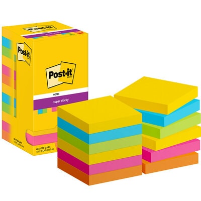   Post-it® Super Sticky Notes, Carnival Collection, 76 mm x 76 mm, 90 Blatt/Block, 12 Blöcke/Packung, Kartonverpackung