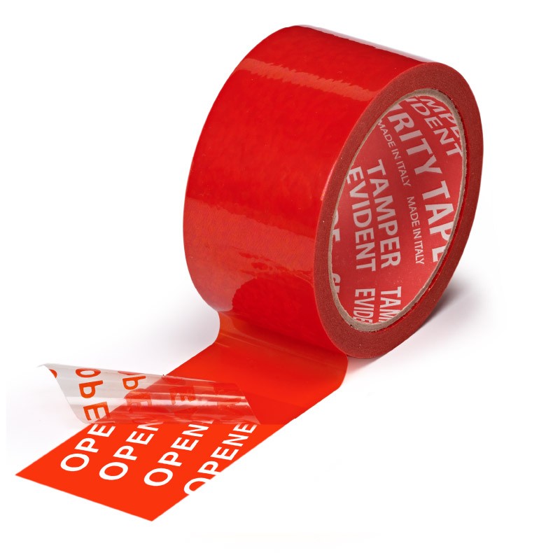 PET Security Tape / Sicherheitsband SPADA - F Farbe:  rot Warntext nach Abzug: " open void " 50 mm x 50 m lang