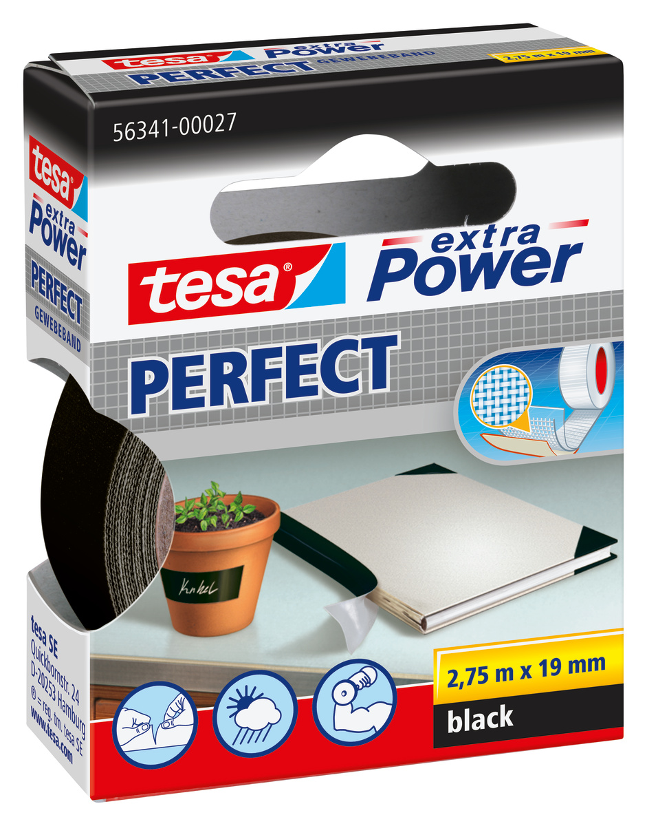 tesa 56341 extra Power Perfect, 2,75m x 19mm, schwarz, Hängefaltschachtel