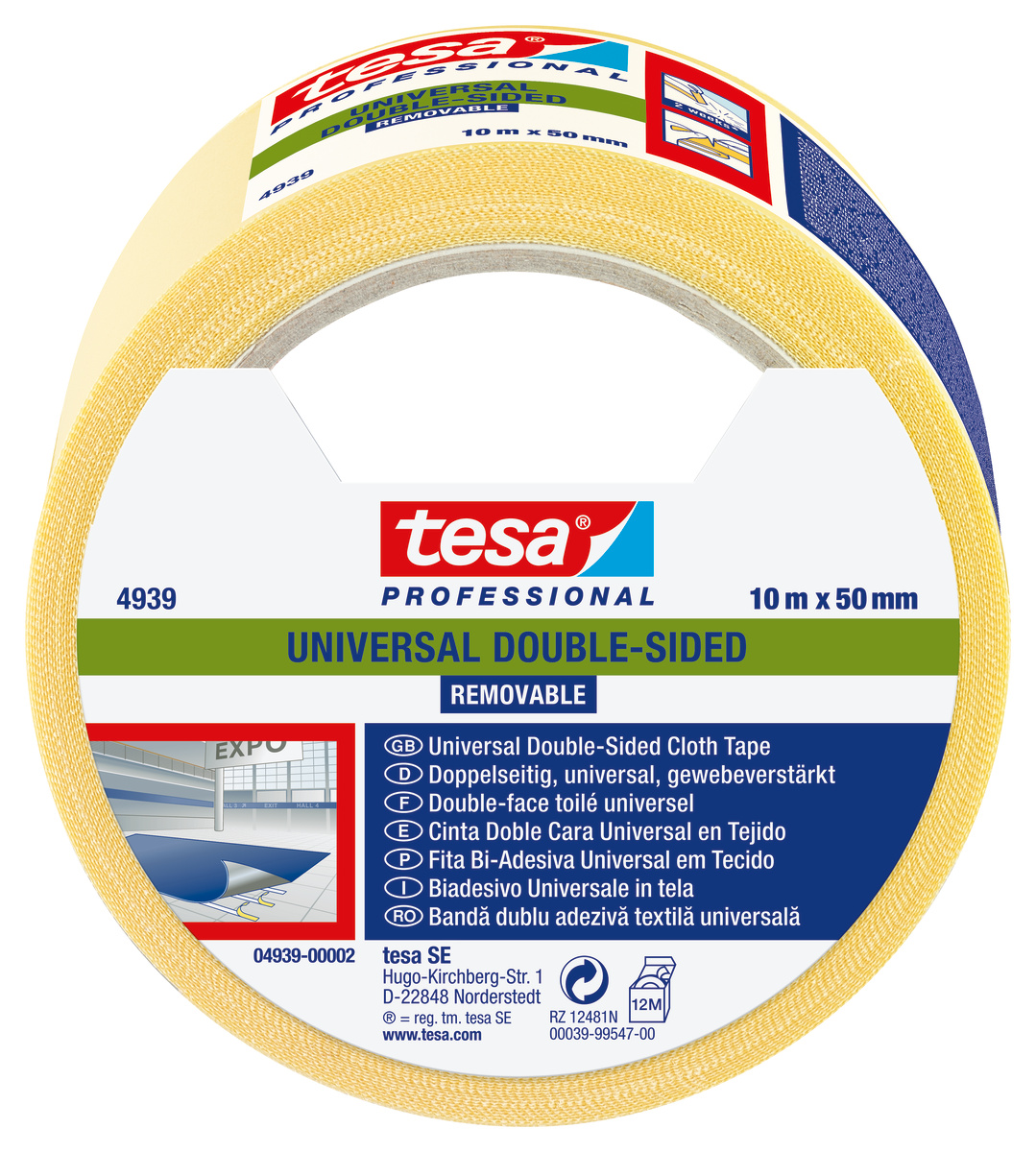 tesa Verlegeband Univ. ablösbar 4939, 10m x 50mm, weiß-transluzent