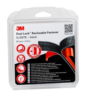 3M™ Dual Lock™ Flexibler Druckverschluss SJ3870, Schwarz, 25 mm x 2.5 m, 6.1 mm, 40 Köpfe/cm², Blister