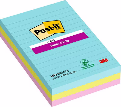 Post-it® Super Sticky Notes, Cosmic Collection, liniert, 101 mm x 152 mm, 3 Blöcke á 90 Blatt