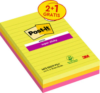 Post-it® Super Sticky Notes Promotion 4675-SSGYF-P2+1 3 Blöcke á 75 Blatt zum Vorteilspreis, neongrün, ultragelb, -pink, 101 x 152 mm, liniert, PEFC zertifiziert