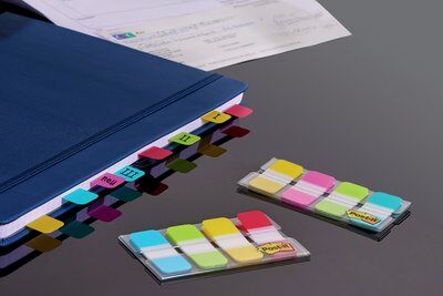   Post-it® Index Strong Ablagetabs, Mini, Blau, Violett, Rosa und Gelb, 15.8 mm x 38.1 mm, 40 Haftstreifen/Spender