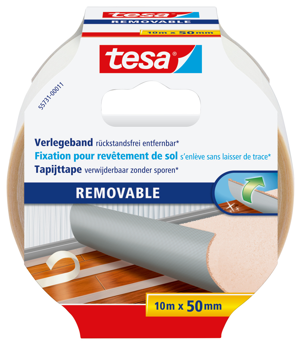 tesa 55731 Verlegeband, rückstandsfrei entfernbar, 10mx50mm, weiß-transluzent