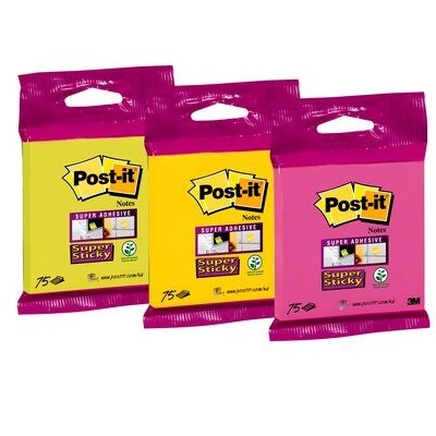 Post-it® Super Sticky Notes 6820S3, 76 x 76 mm, neongrün, neonpink, ultragelb, ultragrün, ultrapink, 1 Block à 75 Blatt