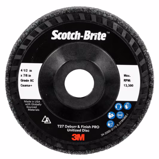 3M Scotch-Brite™ Verpresste Kompaktscheibe Deburr and Finish PRO für den Winkelschleifer, 8C Coarse+, 114 mm x 22 mm, Type 27, Nylon