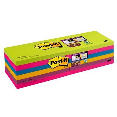 "Post-it® Super Sticky Notes 655-12SSUC 12 Blöcke á 90, Rainbow Collection (neongrün, ultrapink, -blau, -gelb, pflaumenlila), 127 x 76 mm, PEFC zertifiziert"