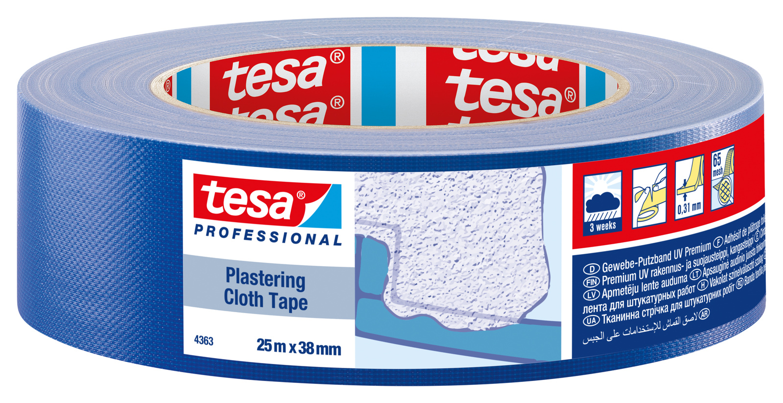 tesa 4363 Putzband UV Gewebe, 25m x 38mm, blau