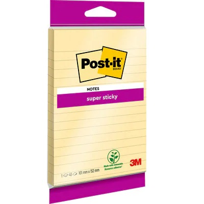 Post-it® Super Sticky Notes im Großformat, Gelb, Liniert, 102 mm x 152 mm, 45 Blatt/Block, 1 Block/Packung