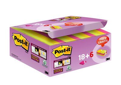 Post-it® Super Sticky Notes, farbig, 47.6 mm x 47.6 mm, 18 Blöcke + 6 GRATIS, 90 Blatt/Block, 24 Blöcke/Packung