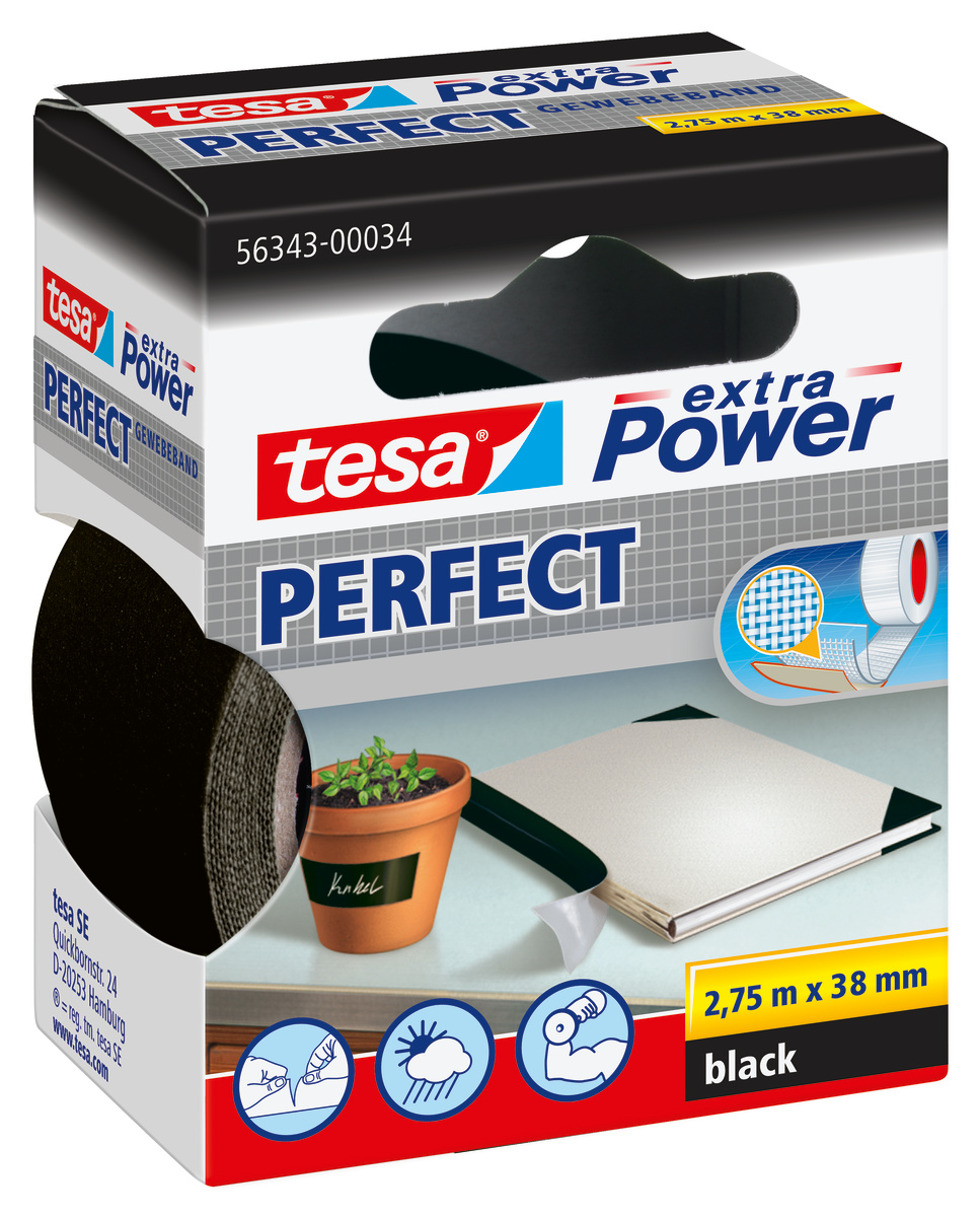 tesa 56343 extra Power Perfect, 2,75m x 38mm, schwarz, Hängefaltschachtel