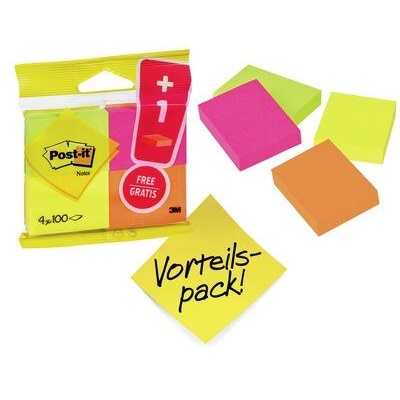 Post-it® Haftnotizen, verschiedene Neonfarben, 38 mm x 51 mm, 100 Blatt/Block, 4 Blöcke