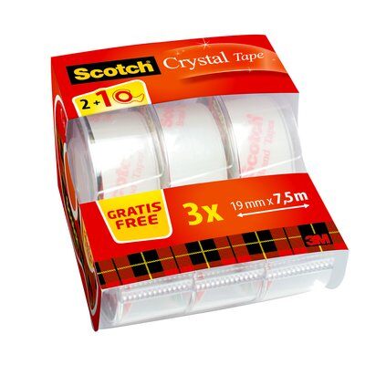 Scotch® Crystal Klebeband, 19 mm x 7.5 m, 2 Rollen + 1 GRATIS + Handabroller